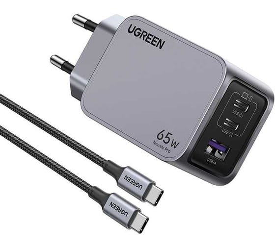 Сетевое зарядное устройство Ugreen X755  Nexode Pro 65W 3-Port GaN Fast Charger EU с кабелем 100W. Длина кабеля: 1м. Цвет: серый 25871