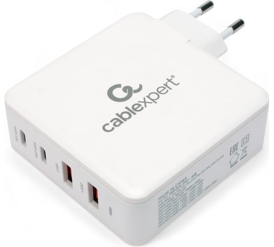 Зарядное устройство Cablexpert 100вт gan, qc4.0/pd, 4 порта: 2 usb и 2 type-c, белый, коробка, MP3A-PC-48