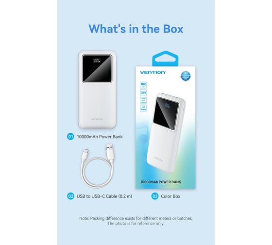 Power Bank VENTION 10000mAh(M/C-A/A)22.5W Белый с LED Дисплеем FHKW0