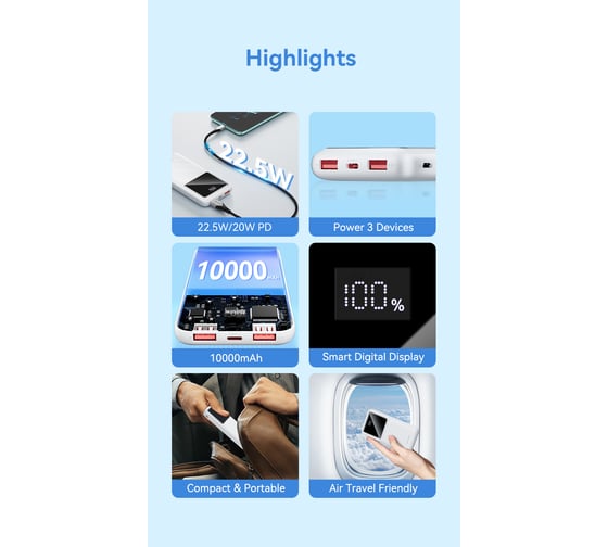 Power Bank VENTION 10000mAh(M/C-A/A)22.5W Белый с LED Дисплеем FHKW0