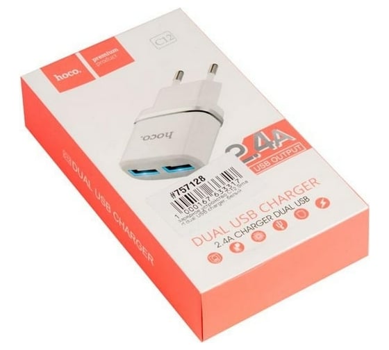 Зарядное устройство Hoco 12 Вт, 2.4 А, 2хUSB, C12, белый 6957531047759