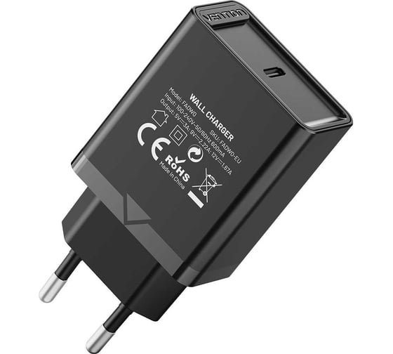 Сетевое зарядное устройство VENTION на 1 порт USB C QC 4.0 Чёрный FADB0-EU 1