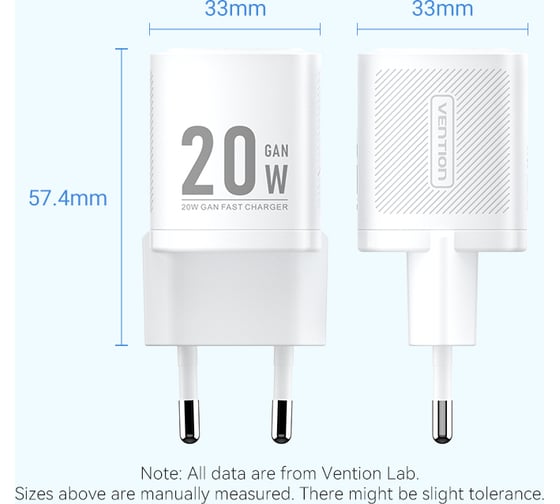 Сетевое зарядное устройство VENTION на 1 порт USB С GaN 20W Белый FEPW0-EU
