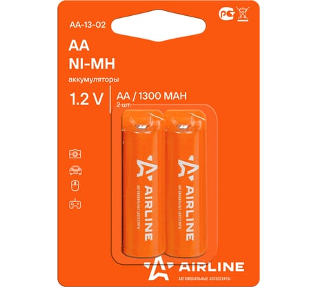Аккумуляторные батарейки Airline AA, HR6, Ni-Mh, 1300 mAh, 2шт. AA-13-02