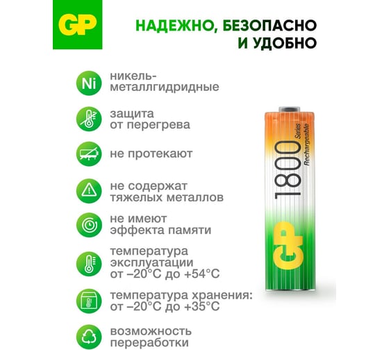 Перезаряжаемые аккумуляторы GP 180AAHC AA, емкость 1800 мАч 180AAHC-2DECRC2 180AAHC-2DECRC2 16105535