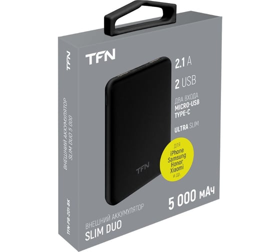 Внешний аккумулятор TFN SlimDuo 5000mAh, черный -PB-201-BK TFN-PB-201-BK