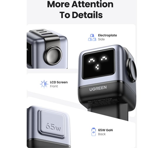 Сетевое зарядное устройство Ugreen CD361 Nexode RG 65W USB-A+2 USB-C Robot GaN Tech Fast Charger EU в виде робота. Цвет серый 25685B