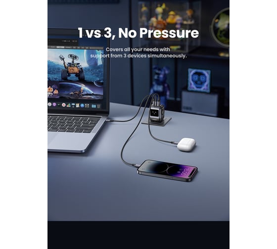 Сетевое зарядное устройство Ugreen CD361 Nexode RG 65W USB-A+2 USB-C Robot GaN Tech Fast Charger EU в виде робота. Цвет серый 25685B