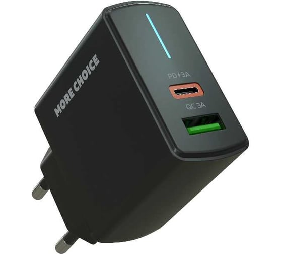 Сетевое зарядное устройство More Choice1USB+1USB-C 3.0A PD 20W+QC3.0 быстрая зарядка NC61 Black