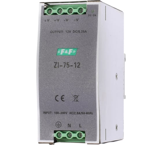 Блок питания Евроавтоматика F&F импульсный ZI-75-12, мощность 75Вт, Uвых. 12В DC, монтаж на DIN-рейке/на плоскость EA11.001.042 1