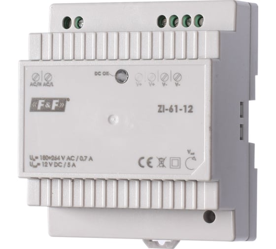 Блок питания Евроавтоматика F&F импульсный ZI-61-12, мощность 60Вт, Uвых. 12В DC, 4,5 модуля, монтаж на DIN-рейке EA11.001.040 1