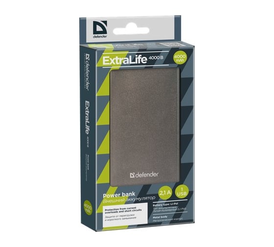 Внешний аккумулятор DEFENDER ExtraLife 4000B Li-pol, 1 USB, 4000 mAh, 2.1A 83619