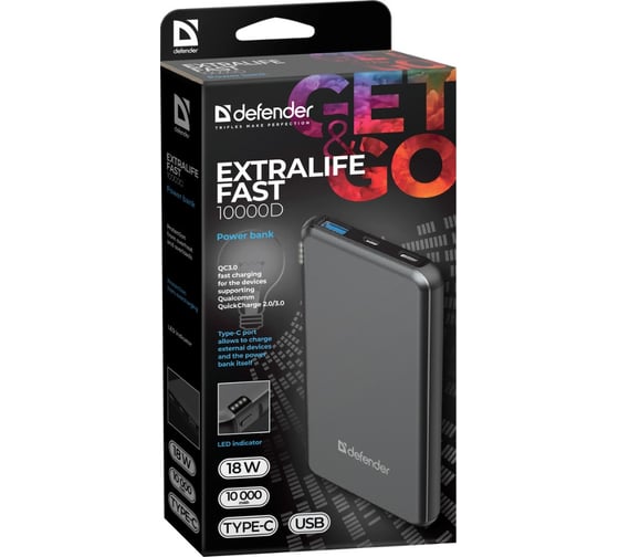 Внешний аккумулятор DEFENDER ExtraLife Fast 10000D USB: QC3.0, Type-C/PD,10000mAh 83664