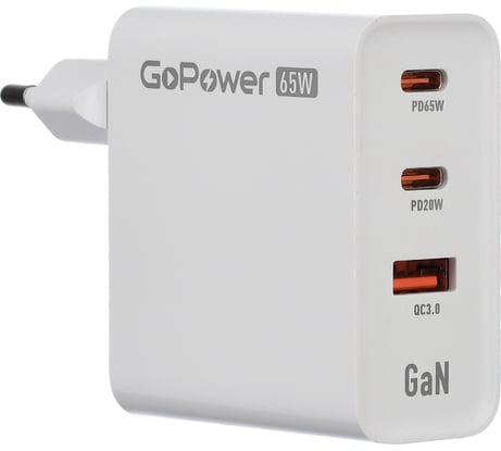 Сетевое З/У GoPower GPQC10 1USB+2Type-C 65W QC3.0 GAN белый 00-00028405