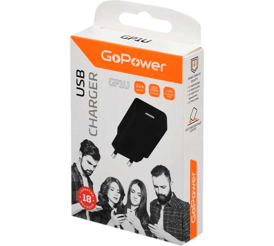 Сетевое З/У GoPower GP1U 1USB 2.4A 12W черный 00-00019857