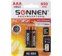 Аккумуляторные батарейки SONNEN AAA HR03 Ni-Mh 650mAh 2шт в блистере 454236