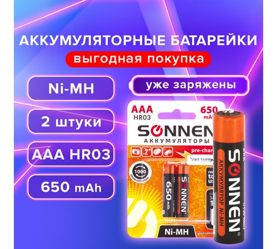 Аккумуляторные батарейки SONNEN AAA HR03 Ni-Mh 650mAh 2шт в блистере 454236