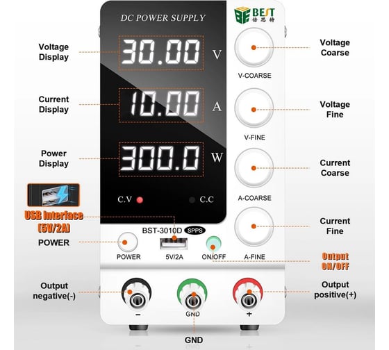 Лабораторный источник питания BestTool BST-3010D 30В, 10А, 300Вт, 1 канал 145810
