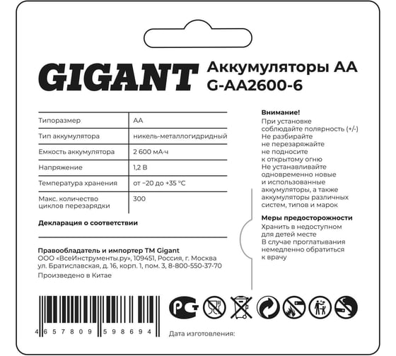 Аккумуляторы Gigant размера АА, емкостью 2600 мАч - 6шт. G-AA2600-6