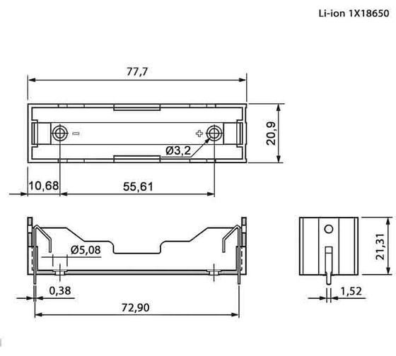 Батарейный отсек Pro Legend for Li-ion 1x18650, открытый PL2730