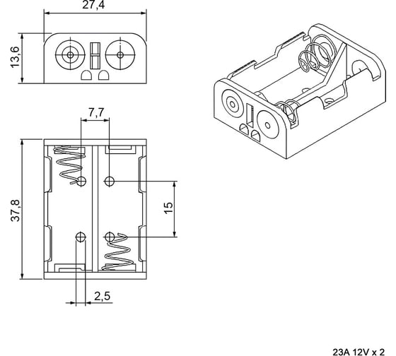 Батарейный отсек Pro Legend 23A 12V x 2, открытый PL2756