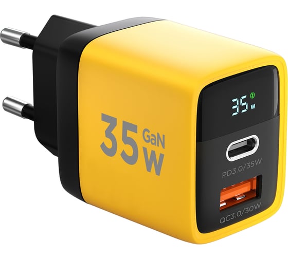 Зарядное устройство с дисплеем Cablexpert 35Вт GaN, QC3.0/PD3.0, 1хUSB, 1хType-C, желтый, короб, MP3A-PC-53 1