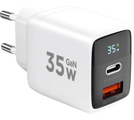 Зарядное устройство с дисплеем Cablexpert 35Вт GaN, QC3.0/PD3.0, 1хUSB, 1хType-C, белый, коробка, MP3A-PC-52