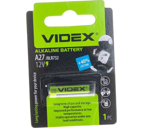 Элемент питания VIDEX, A27/ GP27A/ MN27/ L828/ 27A/ V27A/ A27BP/ G27A/ 8LR732, 1 шт в блистере VID-A27-1BL