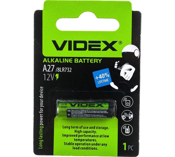 Элемент питания VIDEX, A27/ GP27A/ MN27/ L828/ 27A/ V27A/ A27BP/ G27A/ 8LR732, 1 шт в блистере VID-A27-1BL