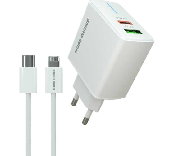Сетевое зарядное устройство More Choice 1USB+1USB-C 3.0A PD 20W+QC3.0 быстрая зарядка для Lightning 8-pin Type-C NC61i White