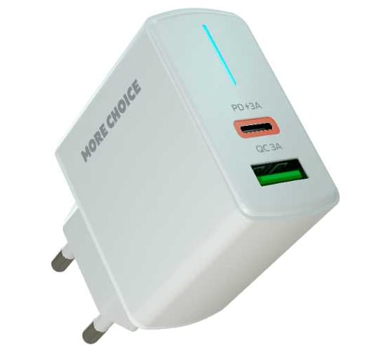 Сетевое зарядное устройство More Choice 1USB+1USB-C 3.0A PD 20W+QC3.0 быстрая зарядка для Lightning 8-pin Type-C NC61i White