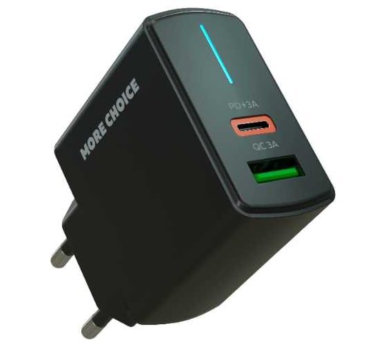 Сетевое зарядное устройство More Choice 1USB+1USB-C 3.0A PD 20W+QC3.0 быстрая зарядка для Lightning 8-pin Type-C NC61i Black