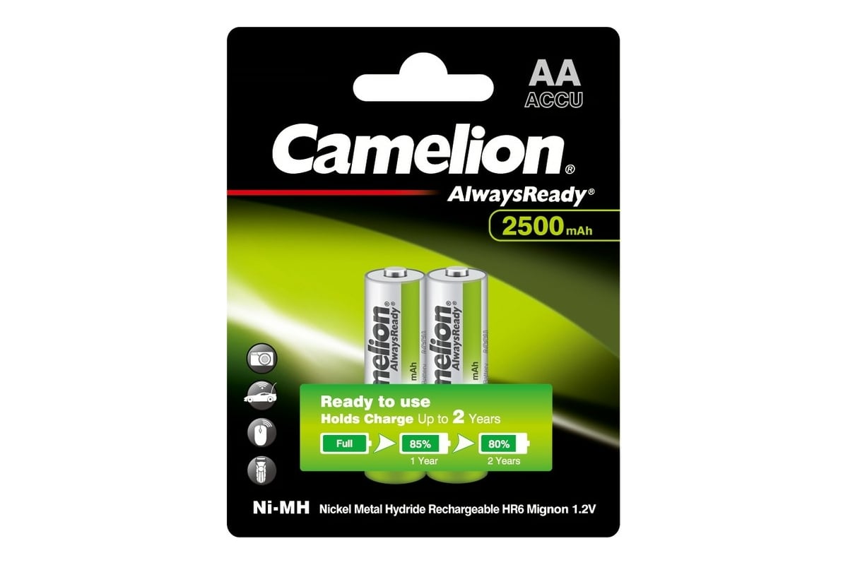 Аккумулятор Camelion NH-AA2500ARBP2 AA-2500mAh, Ni-Mh, Always Ready, BL-2,  1.2В 11006 - выгодная цена, отзывы, характеристики, фото - купить в Москве  и РФ