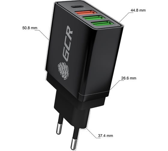 Сетевое зарядное устройство GCR на 4 USB порта (2х2A+QC 3.0+PD 3.0), черное VIV52I884