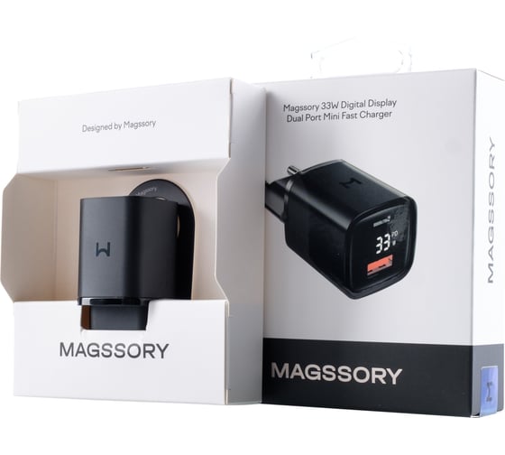 Компактное сетевое зарядное устройство MAGSSORY 33W для двух устройств, с дисплеем и функцией быстрой зарядки, черное ACH004