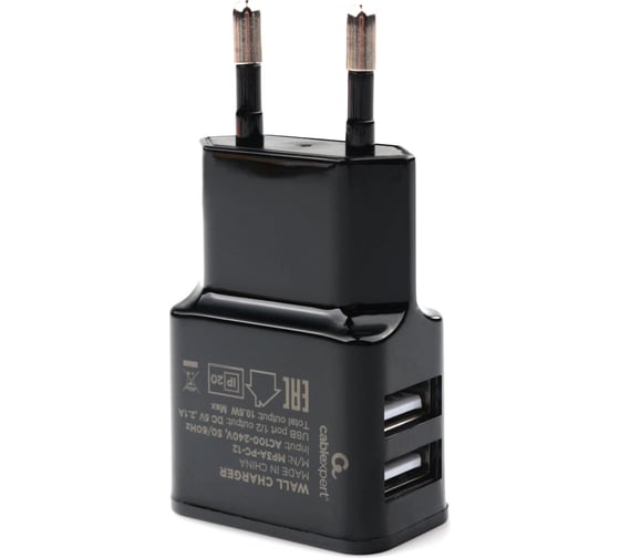 Адаптер питания Cablexpert 100/220V - 5V USB 2 порта 2.1A черный MP3A-PC-12