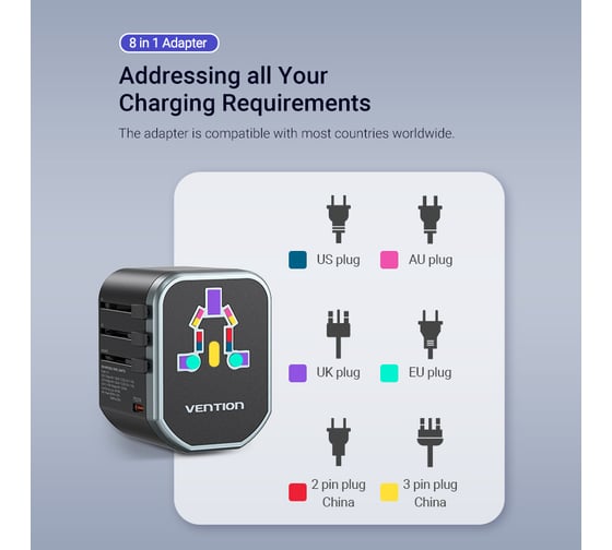 Универсальный дорожный адаптер VENTION USB (C + A + A) Черный FJCB0