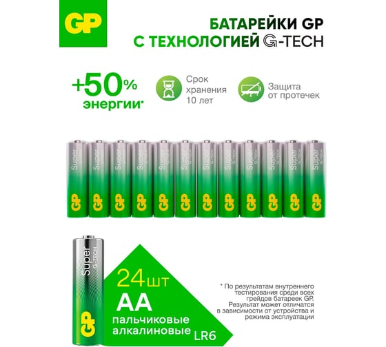 Батарейки GP пальчиковые алкалиновые АА Super Alkaline G-Tech, набор 24 шт. 19903