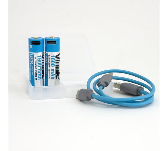 Набор 2-х литиевых аккумуляторов VINNIC АА R06 HR06 1600mAh с встроенным ЗУ + кабель USB – Type-С в пластиковом кейсе 4898338015775