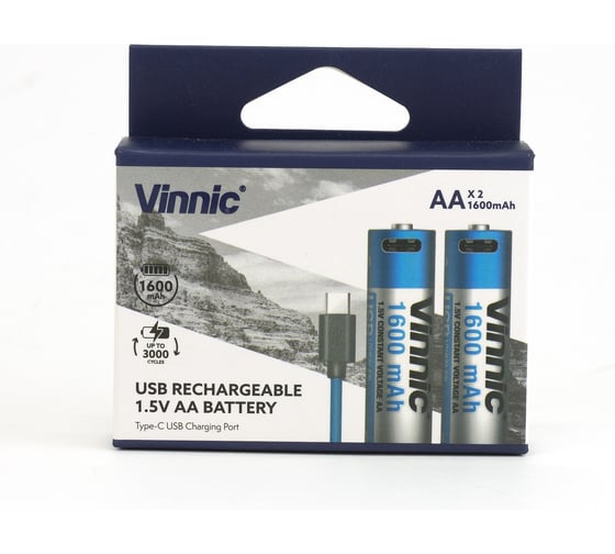 Набор 2-х литиевых аккумуляторов VINNIC АА R06 HR06 1600mAh с встроенным ЗУ + кабель USB – Type-С в пластиковом кейсе 4898338015775