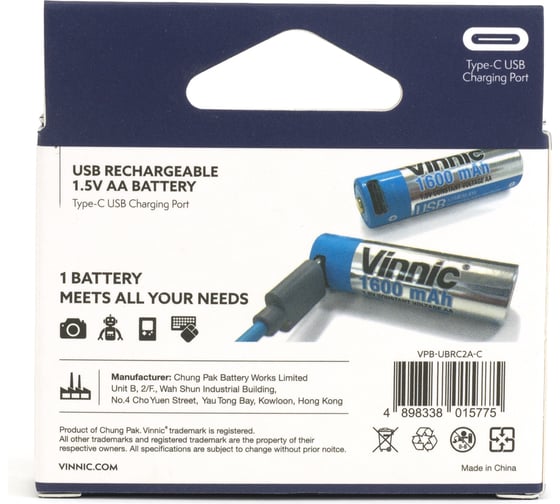 Набор 2-х литиевых аккумуляторов VINNIC АА R06 HR06 1600mAh с встроенным ЗУ + кабель USB – Type-С в пластиковом кейсе 4898338015775