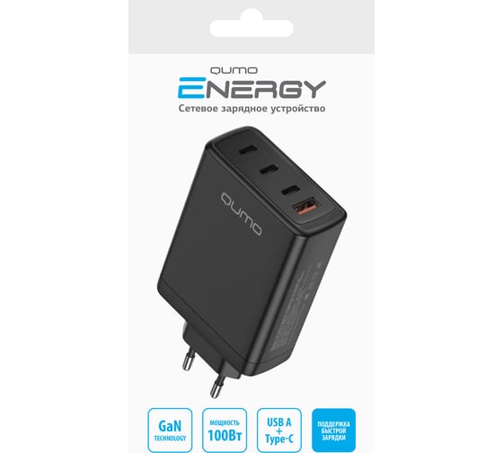Сетевое зарядное устройство Energy Charger PD 100 Вт, USB-A + 3 USB Type-C, (0100), черный QUMO 49543