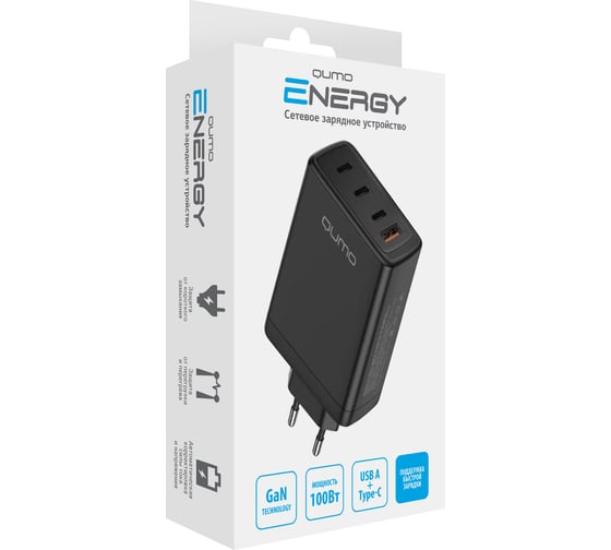 Сетевое зарядное устройство Energy Charger PD 100 Вт, USB-A + 3 USB Type-C, (0100), черный QUMO 49543