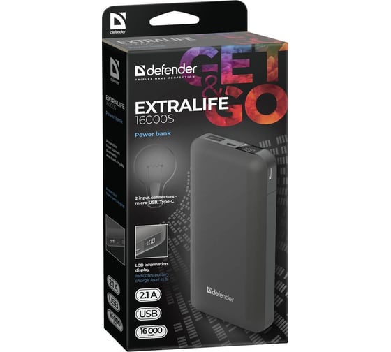 Внешний аккумулятор DEFENDER ExtraLife 16000S 16000mAh, 2.1A, LCD дисплей 83666