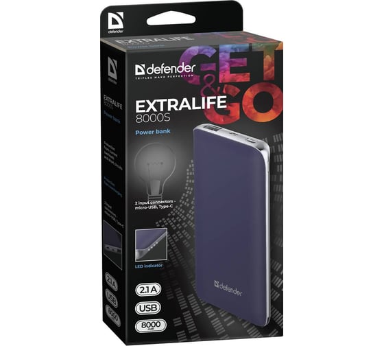Внешний аккумулятор DEFENDER ExtraLife 8000S 1USB, 8000mAh, 2.1A, 2 входа 83667