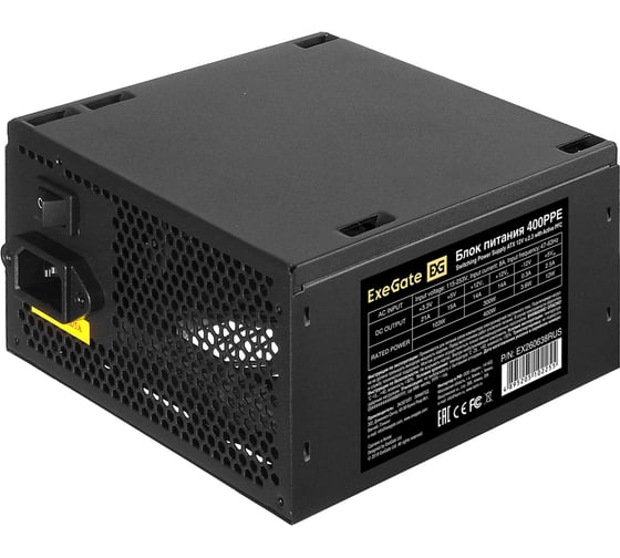 Блок питания ExeGate 400W 400PPE ATX, APFC, КПД 80 80 PLUS , 12cm fan, 24pin, 4+4 pin, PCI-E, 5xSATA, 3xIDE, black 260638 1