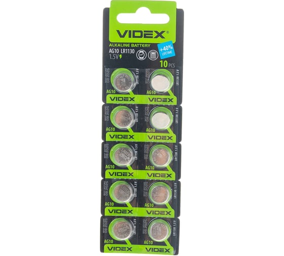 Элемент питания VIDEX алкалиновый 10 шт. в блистере AG10/ 390/ 389/ SR1130SW/ SR1130W/ LR1130/ LR54/ 189/ GP389F/ GP389E/ GP189/ V390/ V389 1