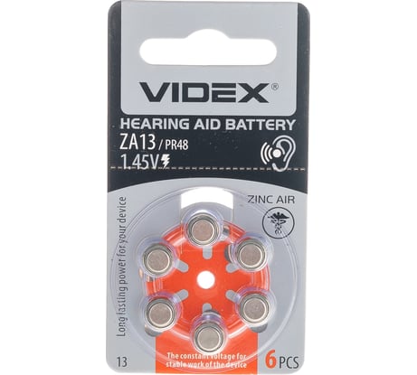 Элемент питания VIDEX воздушно-цинковый 6 шт. в блистере ZA13/ PR48/ V13A/ DA13/ PR13
