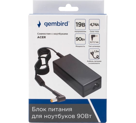 Блок питания для ноутбуков Gembird Acer 19В/4,74А, 90Вт, 1 штекер 5,5x1,7мм, NPA-AC18