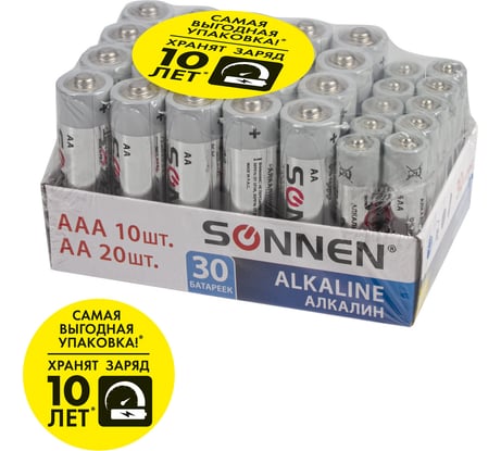 Батарейки SONNEN, КОМПЛЕКТ 30 шт, Alkaline, AA+ААА LR6+LR03, в коробке 455097